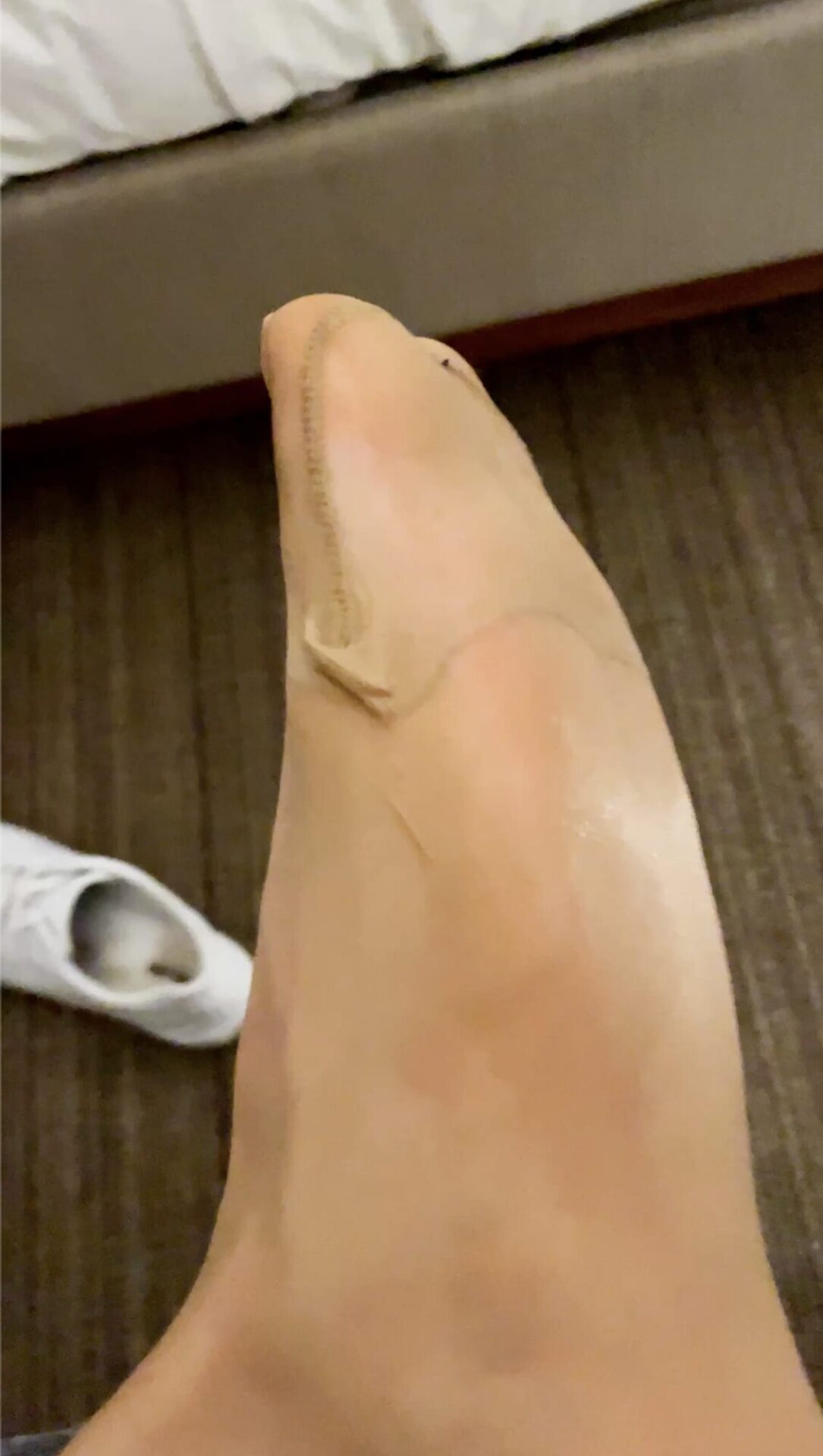 My very sweaty tan pantyhose feet after wearing sneakers whole day 