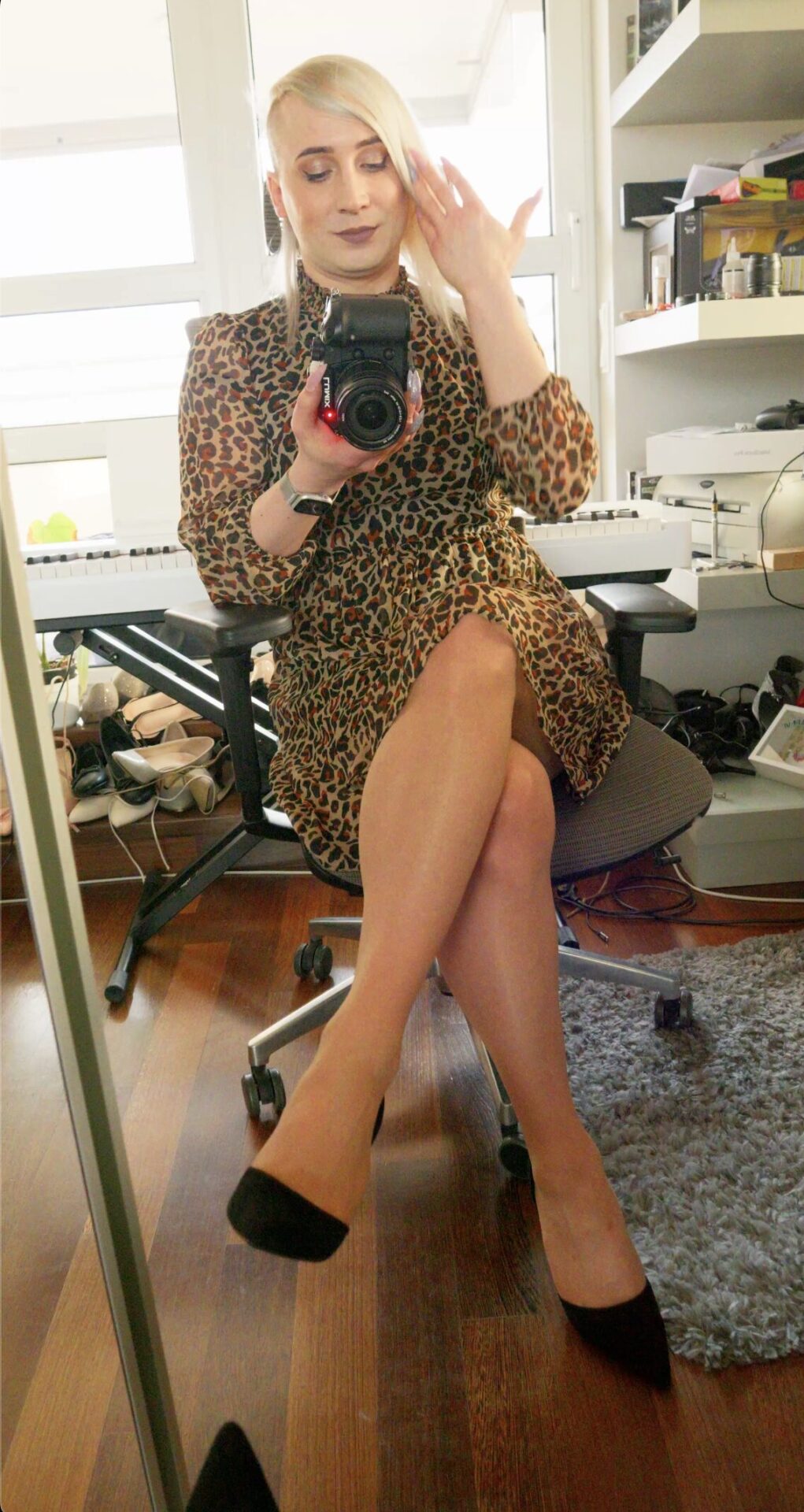 Playing with my tan pantyhose feet in front of the mirror